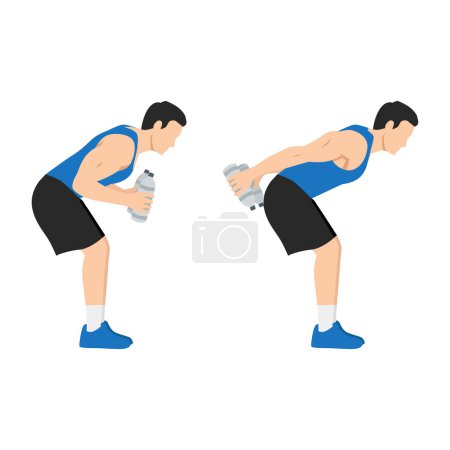 Illustration for Man doing Bent over double arm tricep kickbacks with water bottle exercise. Flat vector illustration isolated on white background - Royalty Free Image