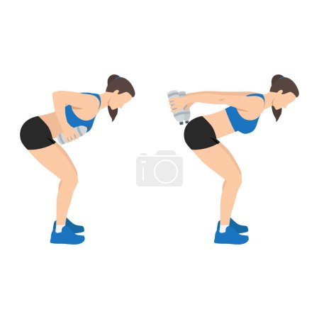Illustration for Woman doing Bent over double arm tricep kickbacks with water bottle exercise. Flat vector illustration isolated on white background - Royalty Free Image