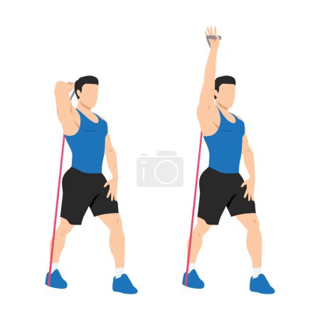 Illustration for Man doing Resistance band tricep overhead extensions exercise. Flat vector illustration isolated on white background - Royalty Free Image