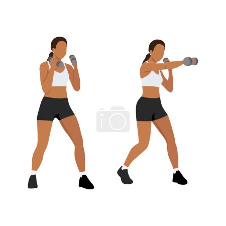 Illustration for Young woman doing punching exercises. Fitness woman working on martial arts punches with dumbbell. Flat vector illustration isolated on white background - Royalty Free Image