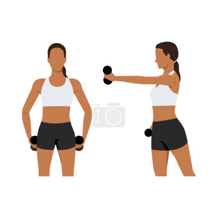Illustration for Woman doing jab cross exercise with dumbbell. Flat vector illustration isolated on white background - Royalty Free Image