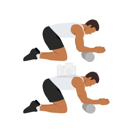 Illustration for Man doing foam roller forearm stretch exercise. Flat vector illustration isolated on white background - Royalty Free Image