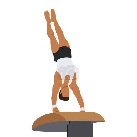 Illustration for A gymnast with an athletic physique performs a vault, athlete springs onto a vault with his hands. Vector flat design illustration. Individual all around preflight competition scene. Flat vector illustration isolated on white background - Royalty Free Image