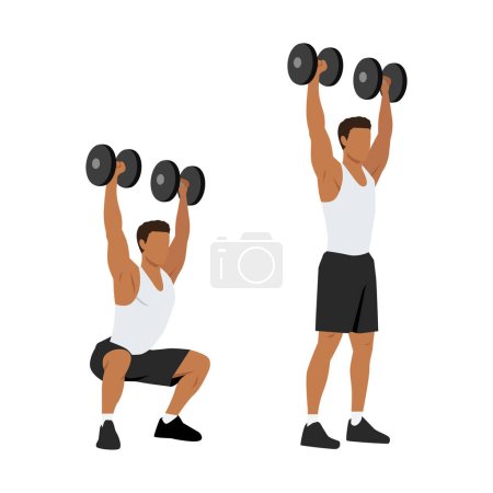 Illustration for Man doing Dumbbell squat thrusters. squat to overhead press exercise. Flat vector illustration isolated on white background - Royalty Free Image