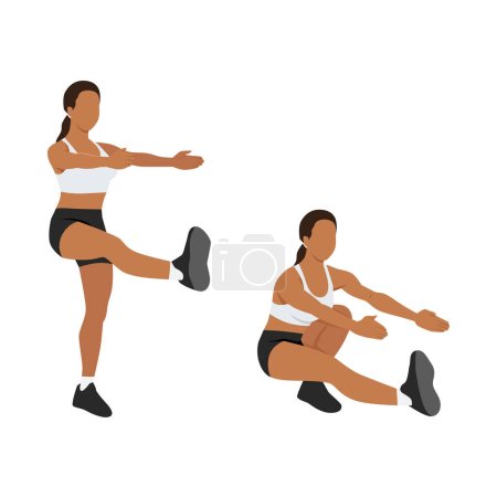 Téléchargez les illustrations : Une femme qui fait des squats à une jambe. Des squats de pistolet. Illustration vectorielle plate isolée sur fond blanc - en licence libre de droit