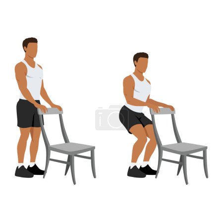 Man doing Chair squat exercise. Partial or half squat with chair for athlete. Flat vector illustration isolated on white background