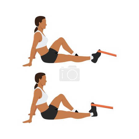 Ilustración de Mujer haciendo estiramiento de ejercicio de flexión dorsal banda de resistencia. Ejercicio de tobillo. Ilustración vectorial plana aislada sobre fondo blanco - Imagen libre de derechos