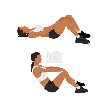 Illustration for Woman doing modified crunches. Abdominals exercise. Flat vector illustration isolated on white background - Royalty Free Image