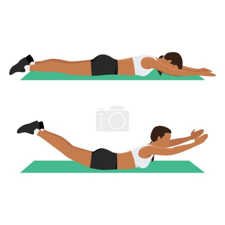 Illustration for Fitness and Workout. A woman is doing sports exercises. Superman stretch. Workout for back and abs. Fitness for weight loss. Flat vector illustration isolated on white background - Royalty Free Image