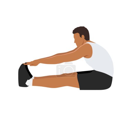 Illustration for Man doing seated Toe Touch Stretch Exercise. Flat vector illustration isolated on white background. - Royalty Free Image
