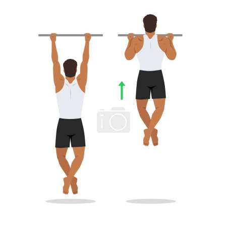 Illustration for Man doing chin ups workout. Pull up with supinated lat pulldown reverse grip. Healthy and active lifestyle. Flat vector illustration isolated on white background - Royalty Free Image