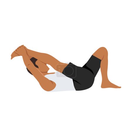 Illustration for Man doing krounchasana. Male yogi in heron pose. Intense hamstring stretch. Boy with leg up and hands holding foot. Flat vector illustration - Royalty Free Image