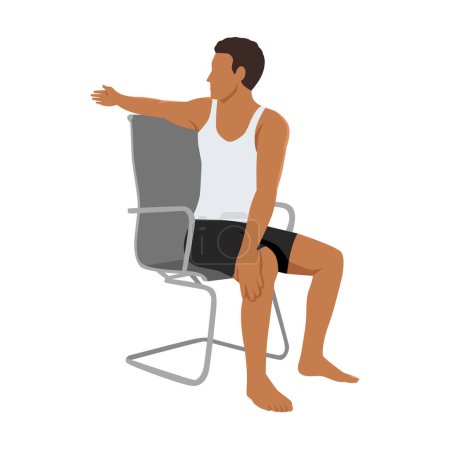 Illustration for Man doing workout at office seated Chair spinal twist. ardha matsyendrasana exercise. Flat vector illustration isolated on white background - Royalty Free Image