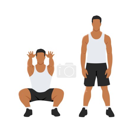 Téléchargez les illustrations : Homme faisant squat d'air en 2 étapes dans la vue de face. Illustration vectorielle plate isolée sur fond blanc - en licence libre de droit