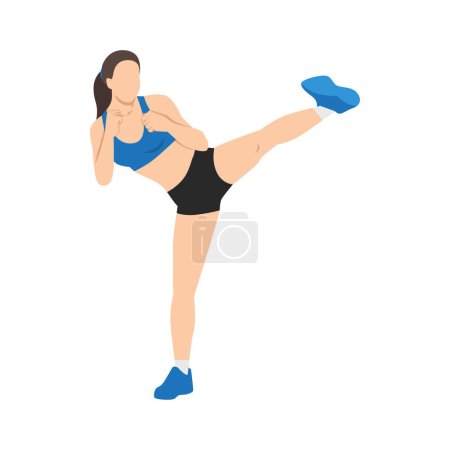 Illustration for Woman doing Roundhouse side kicks. Side kick. Sport exersice. Woman doing exercise. Flat vector illustration isolated on white background - Royalty Free Image