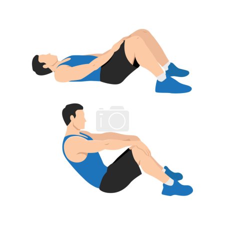 Illustration for Man doing modified crunches. Abdominals exercise. Flat vector illustration isolated on white background - Royalty Free Image