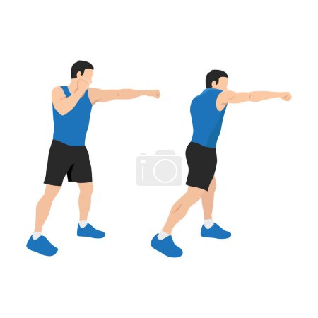 Illustration for Sporty man during boxing exercise making direct hit. Punching form of boxing exercise. Flat vector illustration isolated on white background - Royalty Free Image