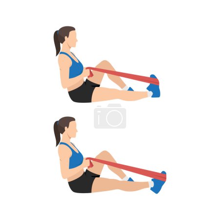 Illustration for Woman doing resistance band plantar flexion or ankle pumps. Flat vector illustration isolated on white background - Royalty Free Image