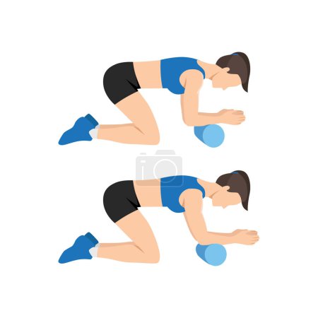 Illustration for Woman doing foam roller forearm stretch exercise. Flat vector illustration isolated on white background - Royalty Free Image