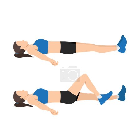 Téléchargez les illustrations : Femme faisant Laying talon glisse ou plie le genou exercice. Illustration vectorielle plate isolée sur fond blanc - en licence libre de droit