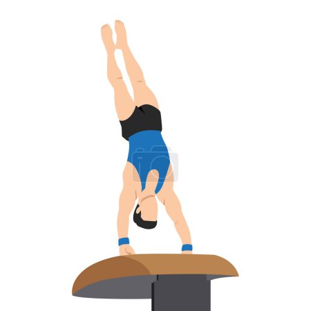 Illustration for A gymnast with an athletic physique performs a vault, athlete springs onto a vault with his hands. Vector flat design illustration. Individual all around preflight competition scene. Flat vector illustration isolated on white background - Royalty Free Image