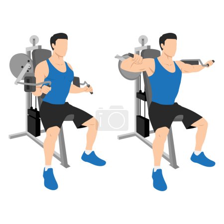 Illustration for Man doing Seated Lateral raise machine. Power partials exercise. Flat vector illustration isolated on white background. Flat vector illustration isolated on white background - Royalty Free Image