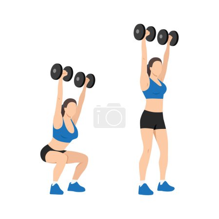 Illustration for Woman doing Dumbbell squat thrusters. squat to overhead press exercise. Flat vector illustration isolated on white background - Royalty Free Image