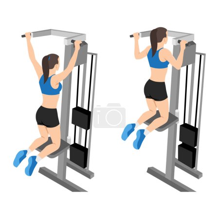 Ilustración de Mujer haciendo ejercicios de flexiones. Máquina o asistido tire hacia arriba. Ilustración vectorial plana aislada sobre fondo blanco - Imagen libre de derechos