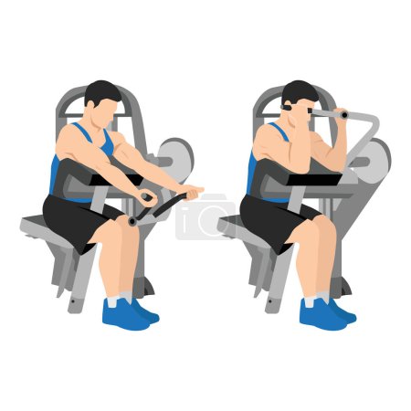 Illustration for Man doing machine bicep preacher or concentration curls, arm biceps exercise. isolated on white background and layers. Workout character. Flat vector illustration isolated on white background - Royalty Free Image