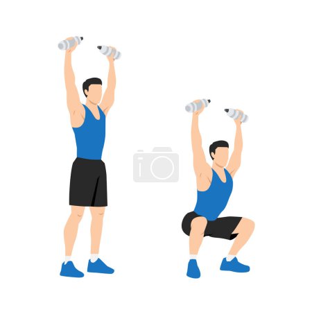 Téléchargez les illustrations : Homme faisant l'exercice de squats de bouteille d'eau aérienne. Illustration vectorielle plate isolée sur fond blanc - en licence libre de droit
