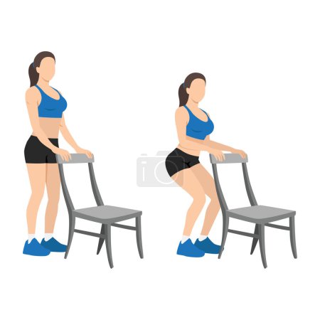 Woman doing Chair squat exercise. Partial or half squat with chair for athlete. Flat vector illustration isolated on white background