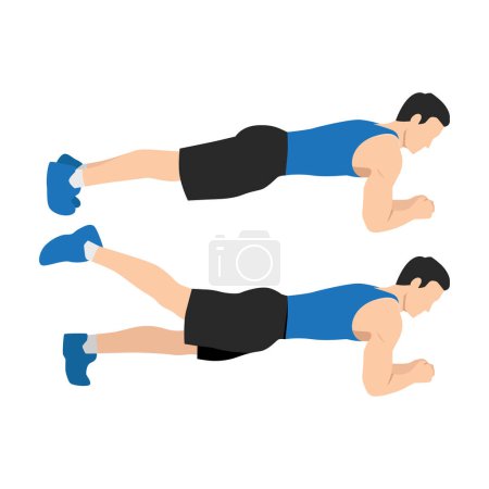 Téléchargez les illustrations : Guide d'exercice par l'homme faisant Planche jambe soulève en 2 étapes. Illustration vectorielle plate isolée sur fond blanc - en licence libre de droit
