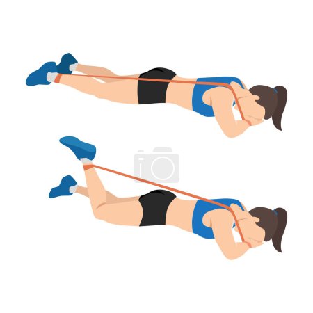 Téléchargez les illustrations : Femme faisant l'exercice de flexion de genou de bande de résistance sujette ou couchée. Illustration vectorielle plate isolée sur fond blanc - en licence libre de droit