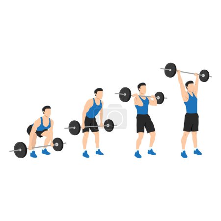 Man doing full barbell clean and presses or jerk or overhead presses. Flat vector illustration isolated on white background