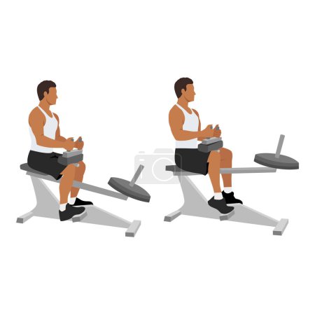 Illustration for Man doing exercise using gym equipment. Seated calf machine raises. Flat vector illustration isolated on white background - Royalty Free Image