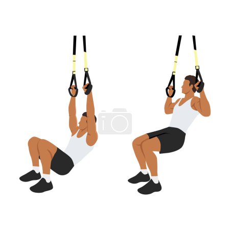 Illustration for Man doing TRX Suspension strap rows or suspension trainer lat pull up exercise. Flat vector illustration isolated on white background - Royalty Free Image