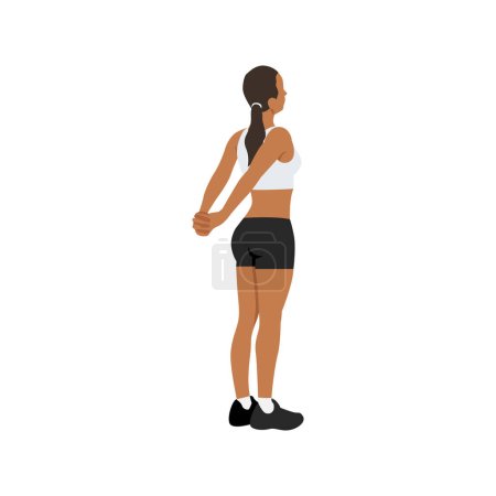 Mujer haciendo ejercicio de estiramiento del hombro inverso. Ilustración vectorial plana aislada sobre fondo blanco