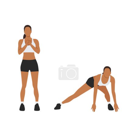 Téléchargez les illustrations : Femme faisant latérale se jette à l'exercice toucher le sol. Illustration vectorielle plate isolée sur fond blanc - en licence libre de droit