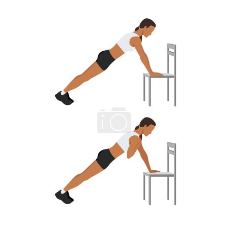 Ilustración de Mujer haciendo ejercicio de golpes de hombro de tablón inclinado. Ilustración vectorial plana aislada sobre fondo blanco. Vector en capas. Entrenamiento Abdominales - Imagen libre de derechos