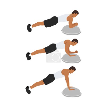 Illustration for Man doing bosu ball plank to push up or walking plank up downs exercise. Flat vector illustration isolated on white background - Royalty Free Image