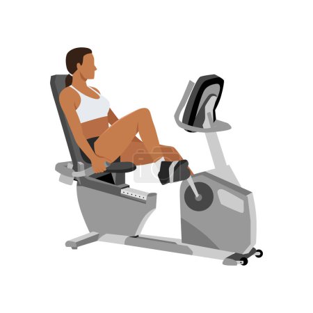 Illustration for Woman doing recumbent bike cardio exercise. Flat vector illustration isolated on white background - Royalty Free Image