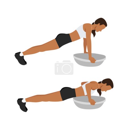 Illustration for Woman doing Bosu ball push ups exercise. Flat vector illustration isolated on white background - Royalty Free Image