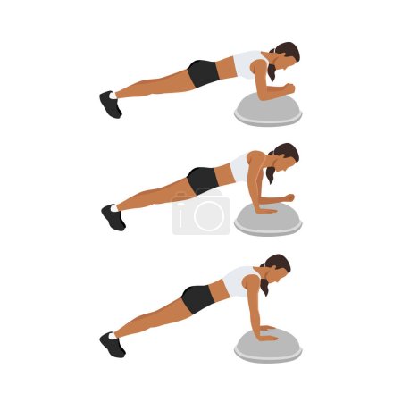 Illustration for Woman doing bosu ball plank to push up or walking plank up downs exercise. Flat vector illustration isolated on white background - Royalty Free Image