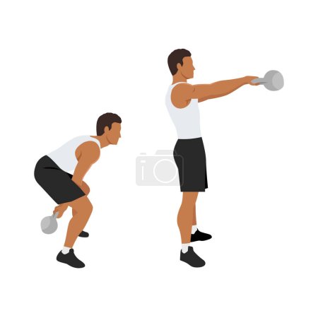 Téléchargez les illustrations : Homme faisant deux bras Kettlebell swing exercice. Illustration vectorielle plate isolée sur fond blanc - en licence libre de droit