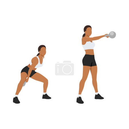 Ilustración de Mujer haciendo ejercicio de columpios de kettlebell de un brazo. Ilustración vectorial plana aislada sobre fondo blanco - Imagen libre de derechos