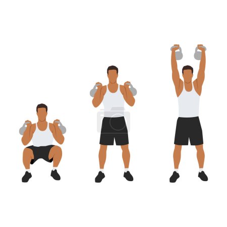 Illustration for Man doing kettlebell thruster or squat to clean to overhead press exercise. Flat vector illustration isolated on white background - Royalty Free Image