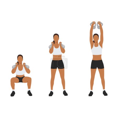 Illustration for Woman doing kettlebell thruster or squat to clean to overhead press exercise. Flat vector illustration isolated on white background - Royalty Free Image