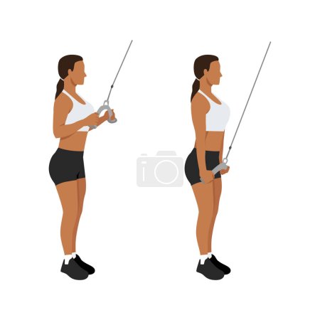 Illustration for Woman doing cable rope tricep pull down or push exercise. Flat vector illustration isolated on white background - Royalty Free Image