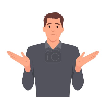 Illustration for Gesture oops, sorry or I do not know. The man shrugs and spreads his hands. Flat vector illustration isolated on white background - Royalty Free Image