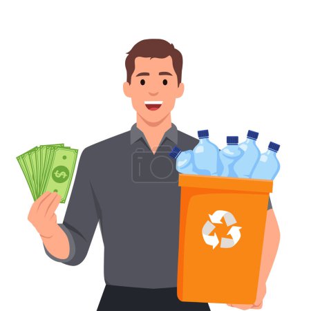 Illustration for Man holding recycling garbage can and holding money. Reverse Vending Machine Recycling and Reward Money From Garbage Cans Bottle Plastic Glass Sale. Flat vector illustration isolated on white background - Royalty Free Image